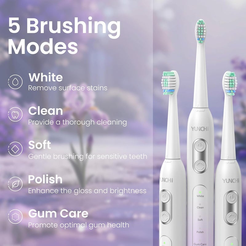 YUNCHI Electric Toothbrush Birthday/Valentine Plastic 8 Dupont Heads 24-Mo Deep Cleans Gentle Gums Removes Stains 3Hr USB-C 90d 2-Min Timer/30s IPX7 - Purple - Image 3